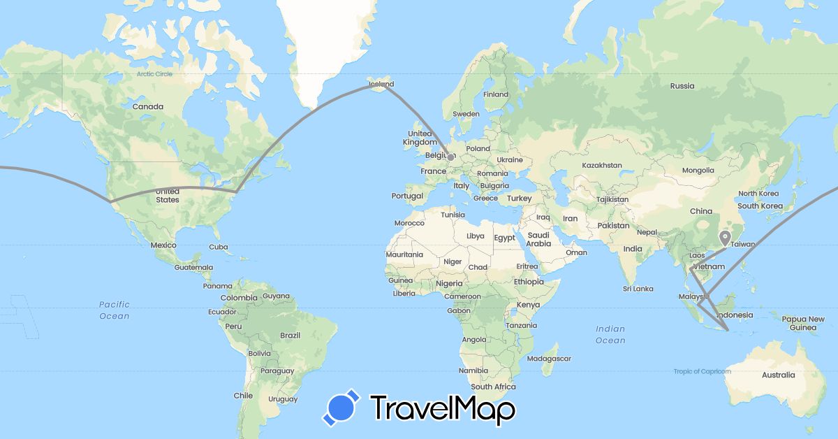 TravelMap itinerary: driving, plane in China, Germany, Indonesia, Iceland, Singapore, Thailand, United States (Asia, Europe, North America)
